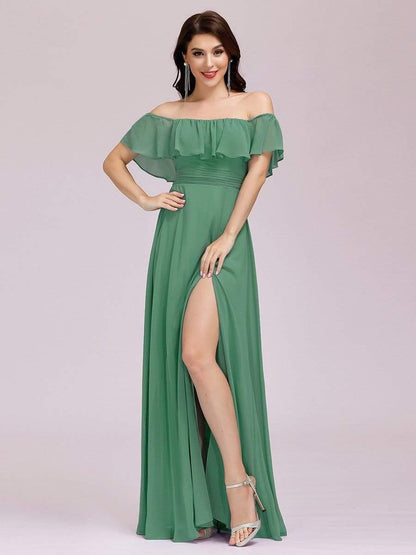 Estelle | Off-Shoulder Ruffle Bridesmaid Dress with Thigh Split