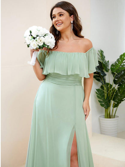 Estelle | Off-Shoulder Ruffle Bridesmaid Dress with Thigh Split