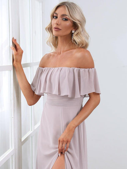 Estelle | Off-Shoulder Ruffle Bridesmaid Dress with Thigh Split