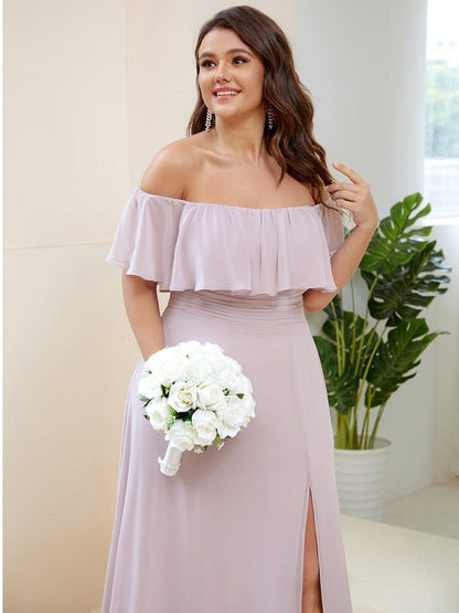 Estelle | Off-Shoulder Ruffle Bridesmaid Dress with Thigh Split
