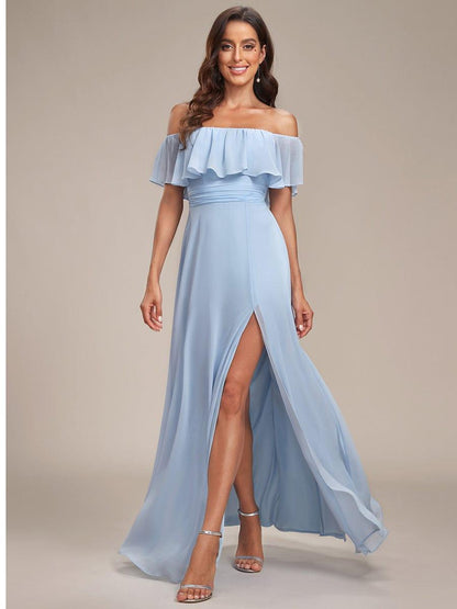 Estelle | Off-Shoulder Ruffle Bridesmaid Dress with Thigh Split