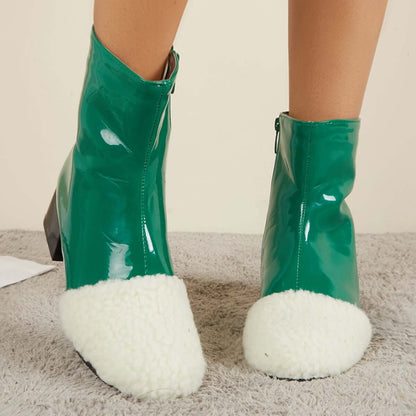 Winter Leather Waterproof Ankle Boots Block Heel Warm Snow Booties