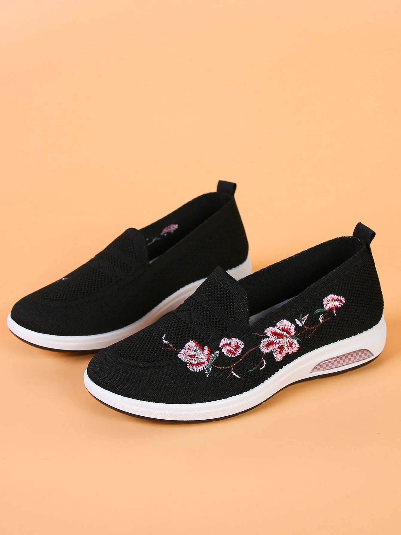 Sporty Sneakers For Women, Floral Embroidered Slip On Rocking Shoes