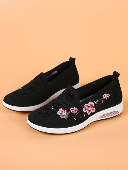 Sporty Sneakers For Women, Floral Embroidered Slip On Rocking Shoes
