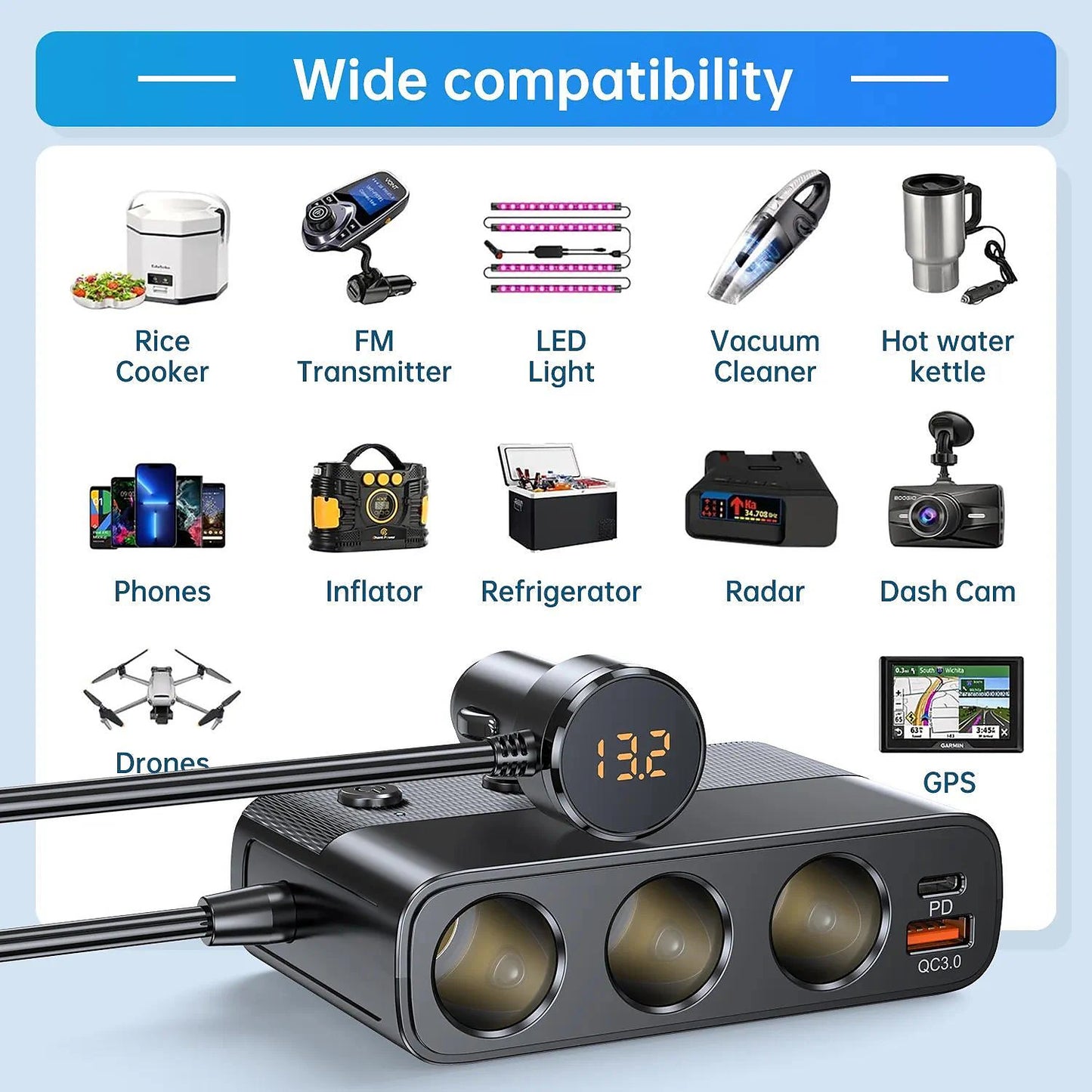 New 127w 7-in-1 Car Charger Splitter PD30w QC3.0 cigarette Lighter Adapter Car Cigarette Lighter Socket Splitter with Switch