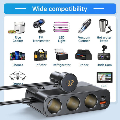New 127w 7-in-1 Car Charger Splitter PD30w QC3.0 cigarette Lighter Adapter Car Cigarette Lighter Socket Splitter with Switch