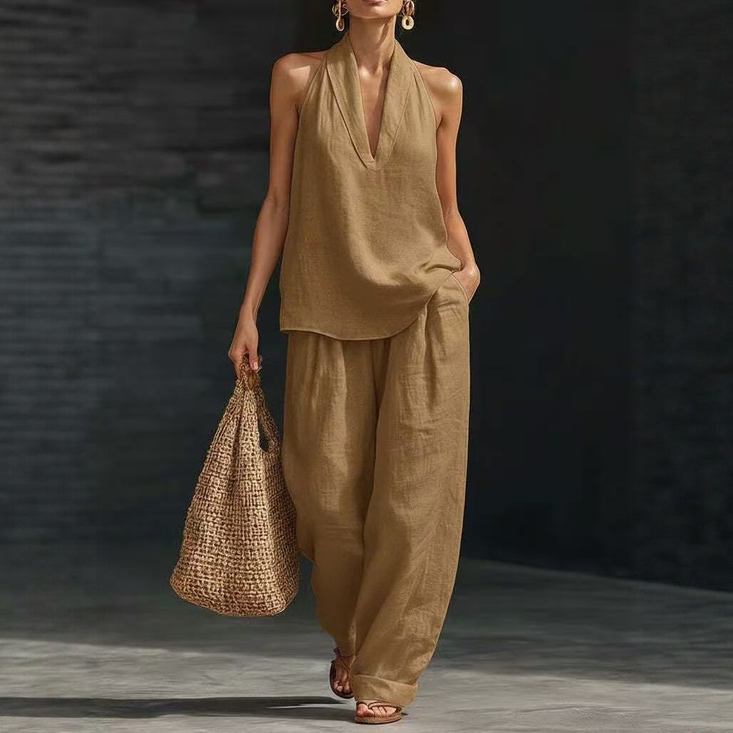 Women's Casual V-Neck Halter Cotton Top and Wide-Leg Pants Set