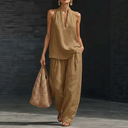 Women's Casual V-Neck Halter Cotton Top and Wide-Leg Pants Set