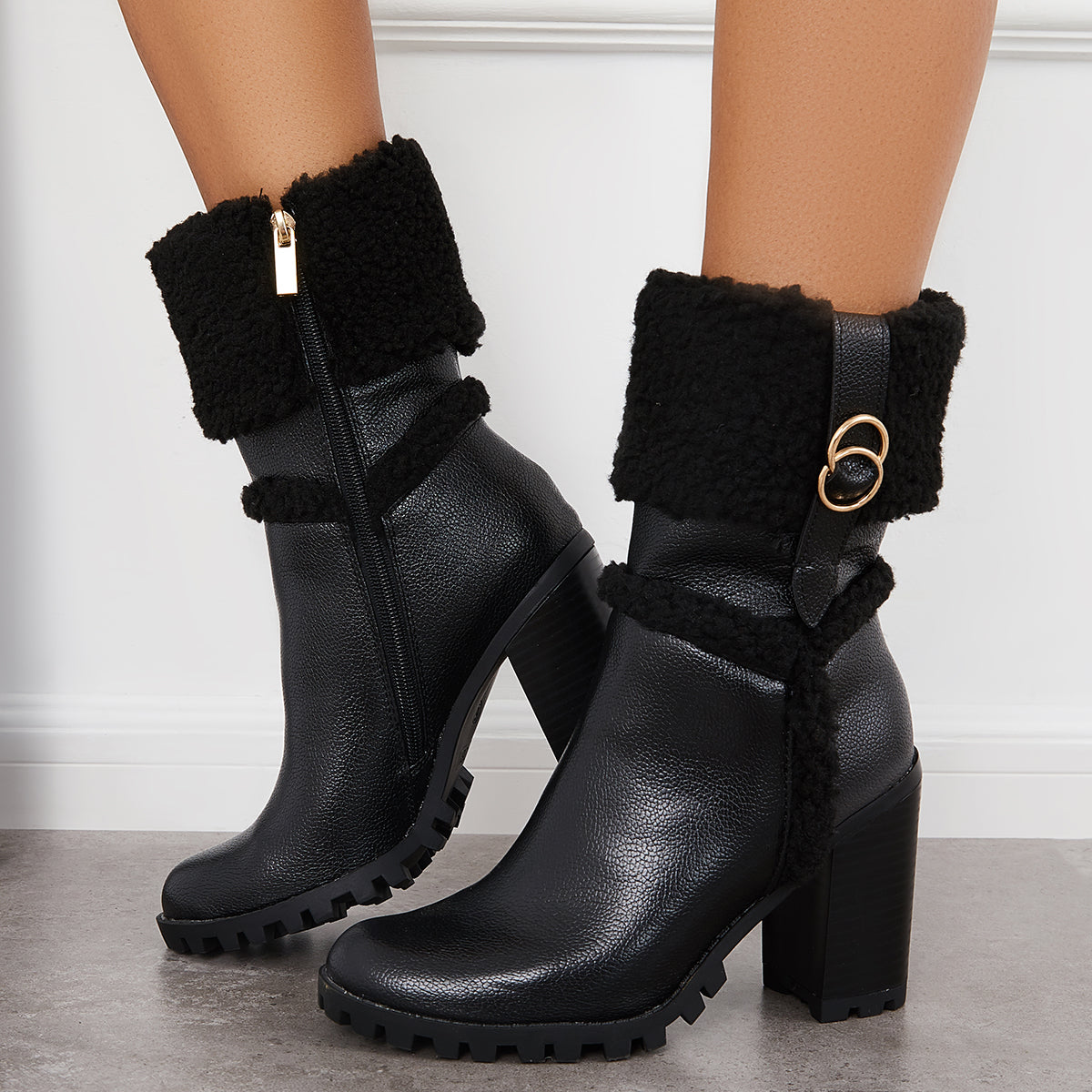 Fur Lined Ankle Snow Boots Side Zipper Chunky Heel Booties