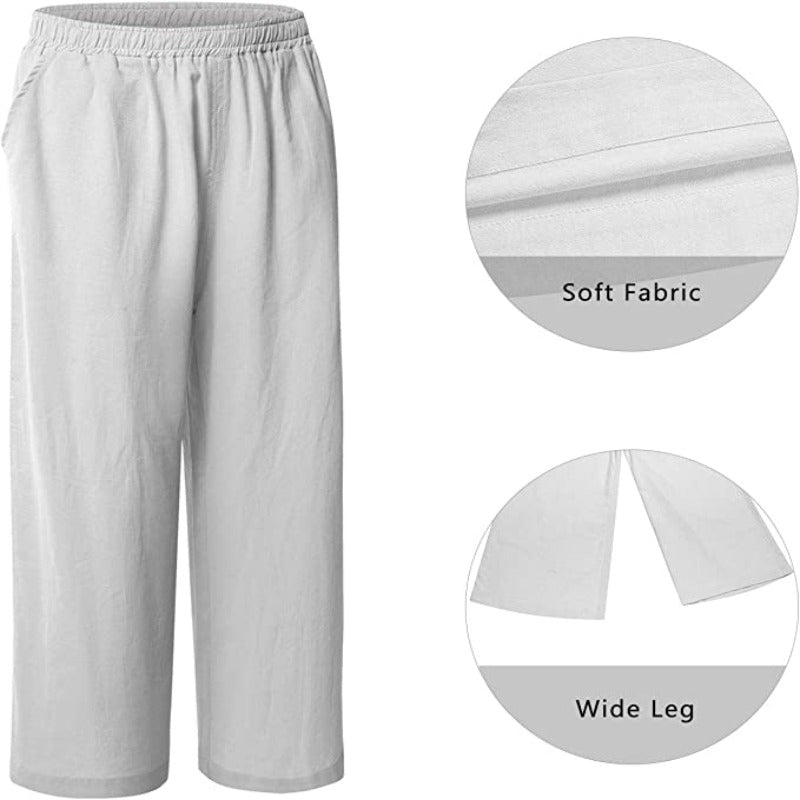 Women Loose Cotton Capris Cropped Wide Leg Pants