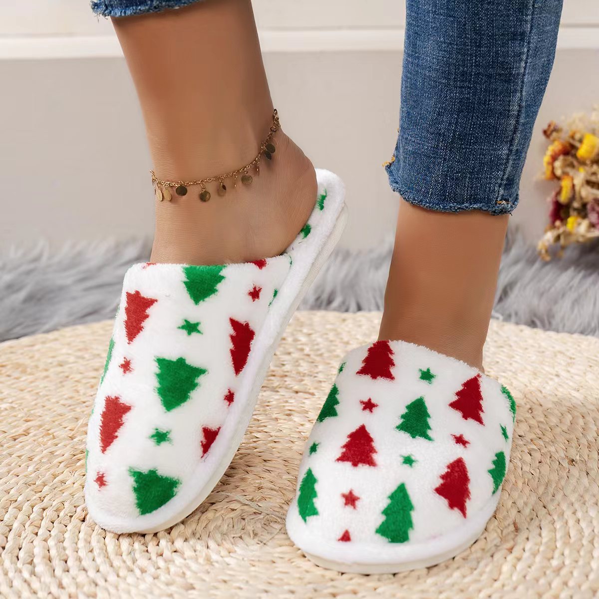 Warm Christmas Fuzzy Fur Slippers Fluffy Slide Shoes