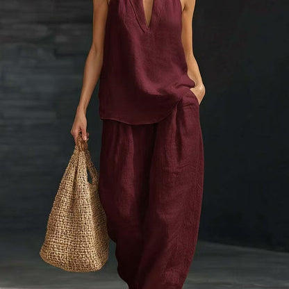 Women's Casual V-Neck Halter Cotton Top and Wide-Leg Pants Set