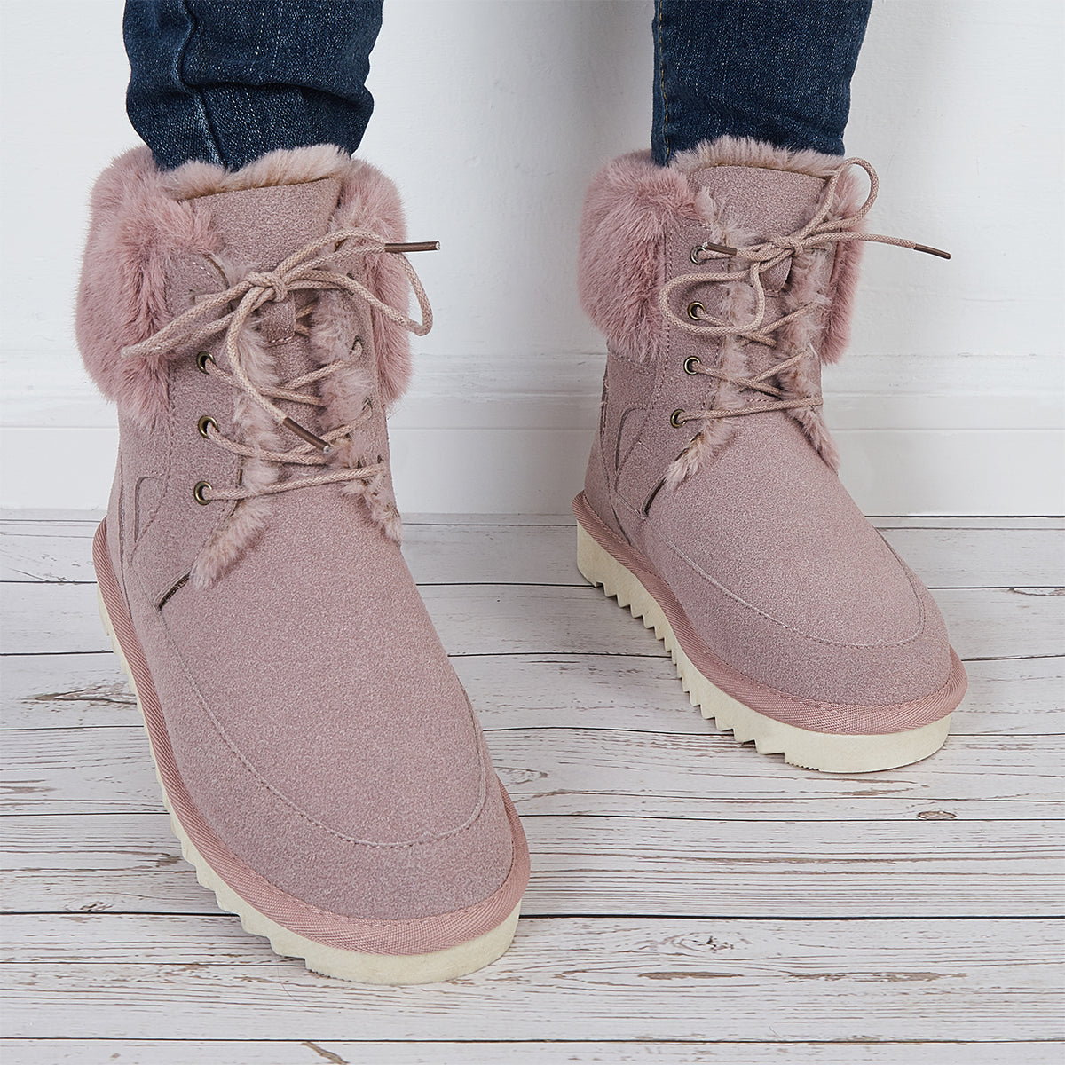 Warm Fur Lined Snow Boots Lace Up Chunky Low Heel Ankle Booties