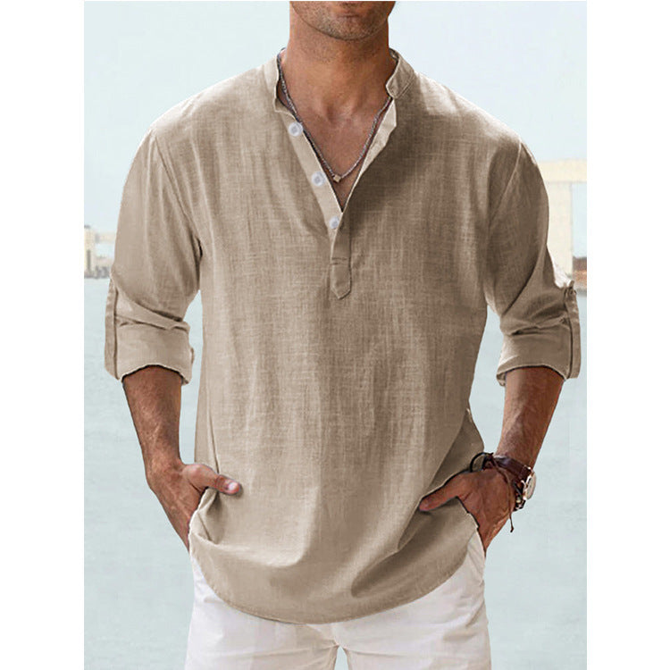 Men's Casual Cotton Long Sleeve T-Shirt with Stand-Up Collar