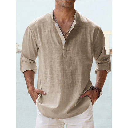 Men's Casual Cotton Long Sleeve T-Shirt with Stand-Up Collar