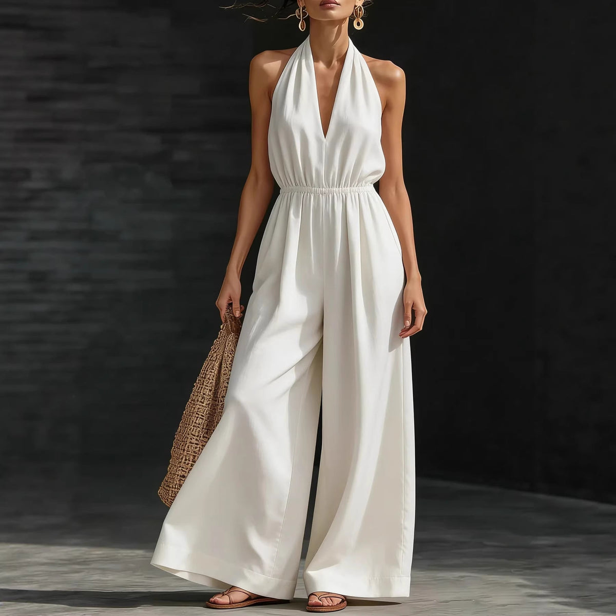 Women's Stylish V-Neck Halter Neck Wide-Leg Jumpsuit
