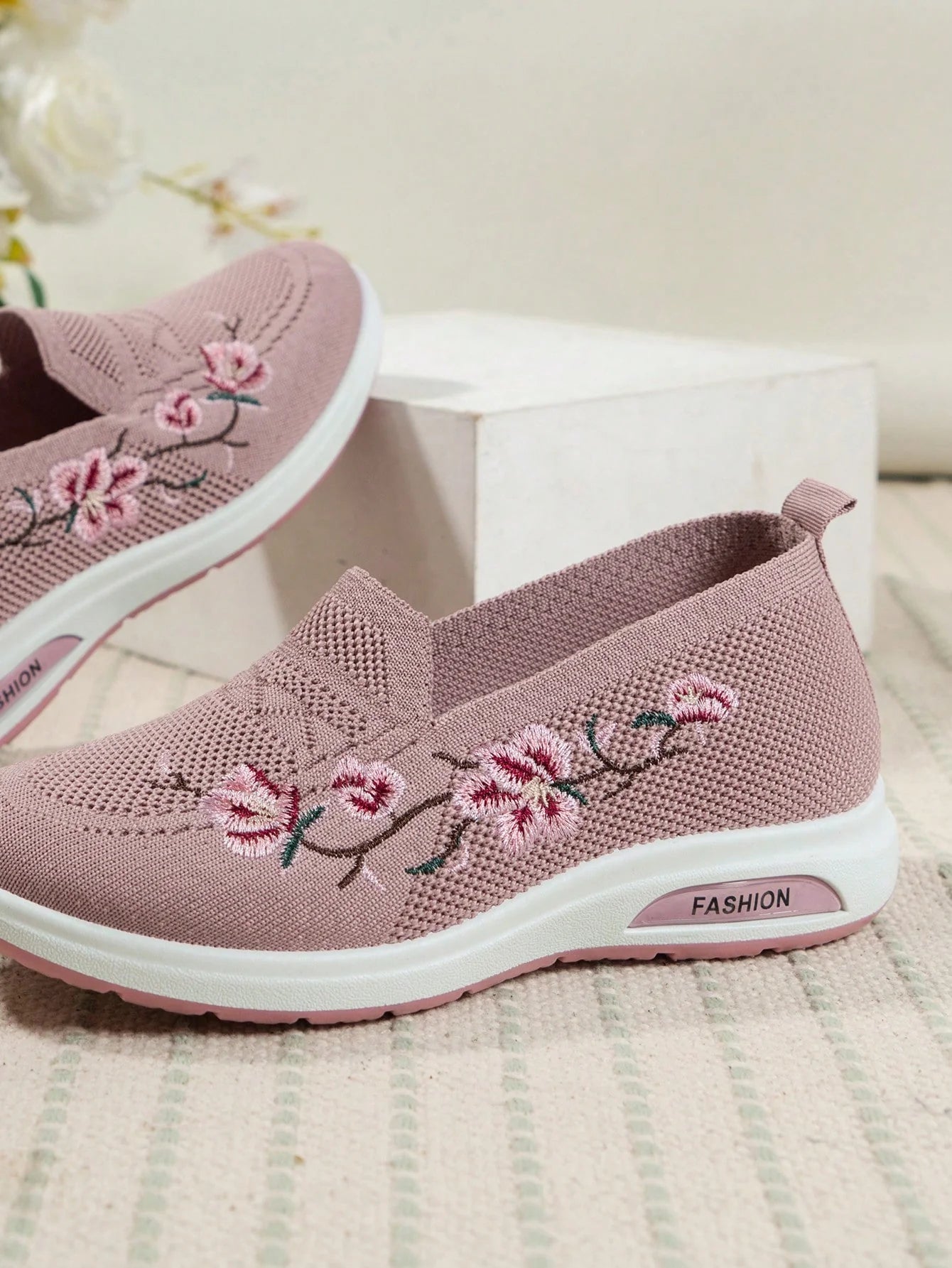 Sporty Sneakers For Women, Floral Embroidered Slip On Rocking Shoes