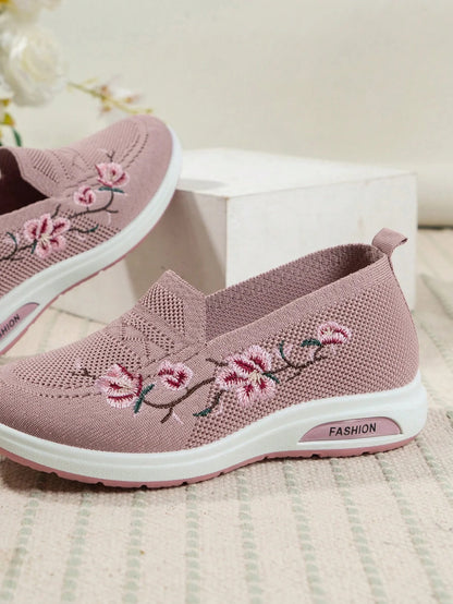 Sporty Sneakers For Women, Floral Embroidered Slip On Rocking Shoes