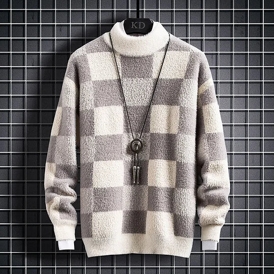Cozy Mens Plaid Crew Neck Jumper