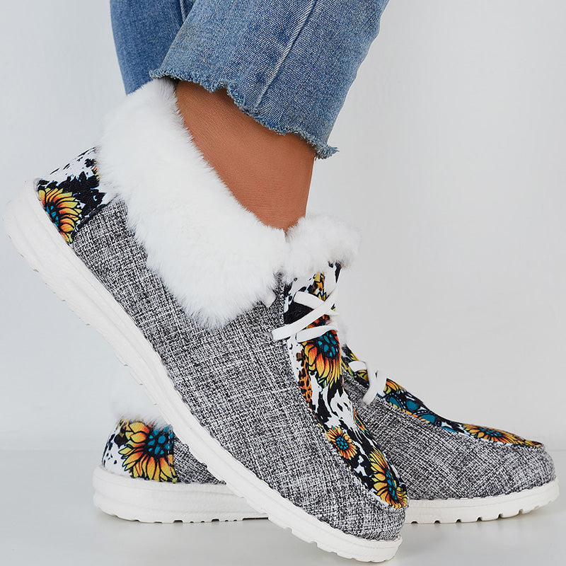 Wild Wendy Print Splicing Winter Flats Slip on Loafers Warm Fur Lined Ankle Boots