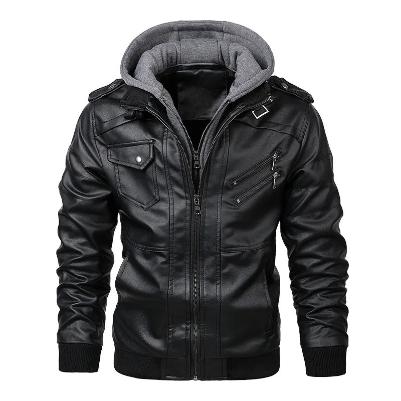 Synthetic Leather Biker Jacket with Removable Hood