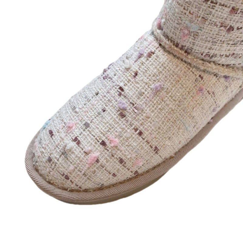 Plaid Design Slip On Ankle Boots Winter Thermal Snow Short Booties