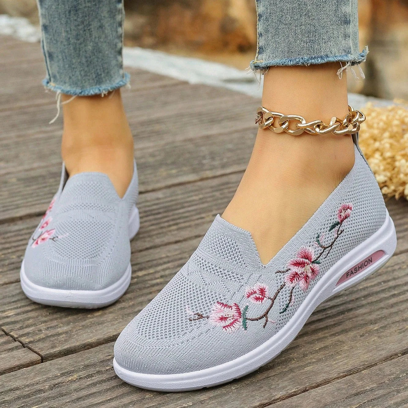 Sporty Sneakers For Women, Floral Embroidered Slip On Rocking Shoes