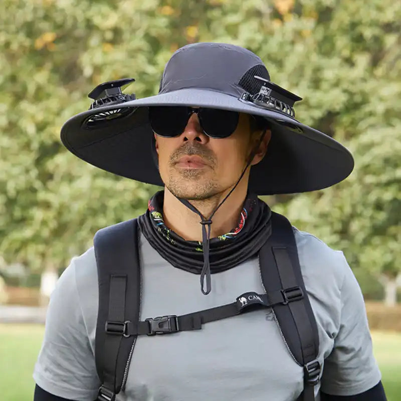 Men's Solar Fan Hat with 15cm Brim | Dual USB-Charged Ventilation & UV Protection for Hiking/Fishing