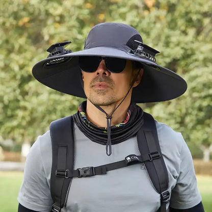 Men's Solar Fan Hat with 15cm Brim | Dual USB-Charged Ventilation & UV Protection for Hiking/Fishing