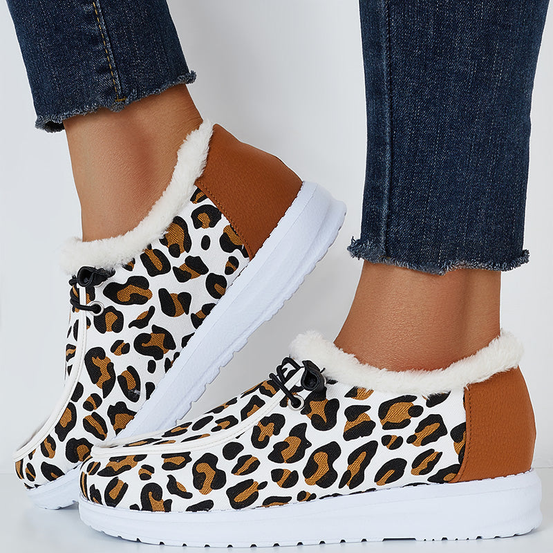 Leopard Winter Warm Flats Plush Faux Fur Lined Non Slip Boots