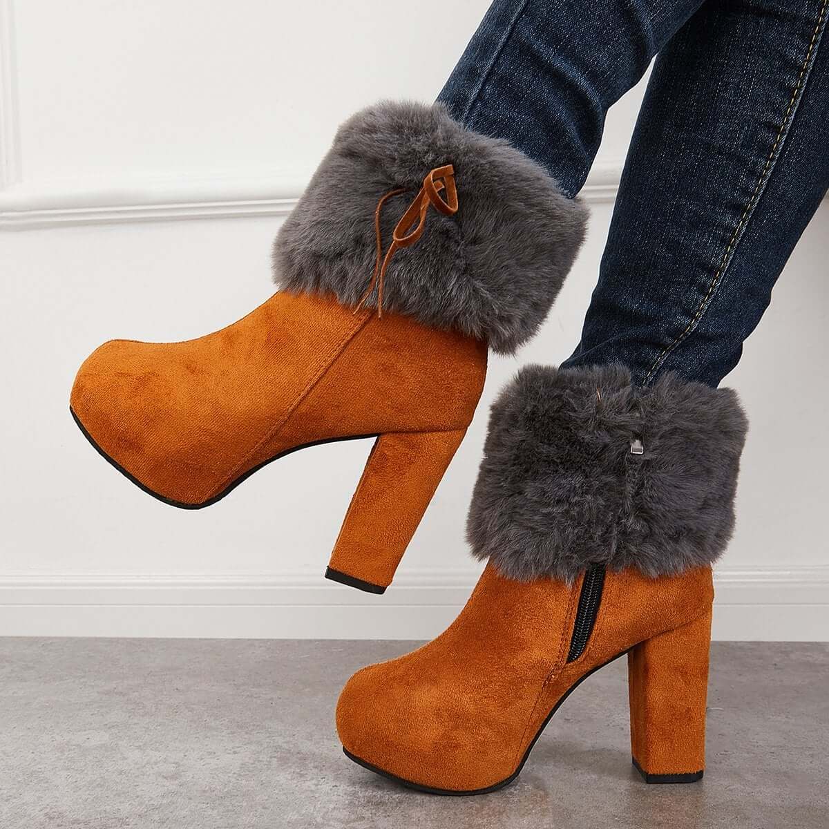 Furry Lined Ankle Snow Boots Platform Chunky High Heel Booties