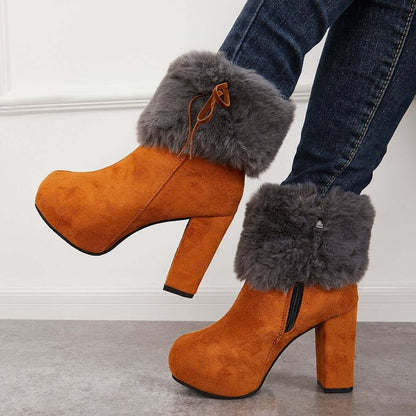 Furry Lined Ankle Snow Boots Platform Chunky High Heel Booties