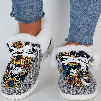 Wild Wendy Print Splicing Winter Flats Slip on Loafers Warm Fur Lined Ankle Boots