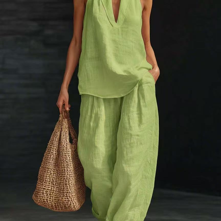 Women's Casual V-Neck Halter Cotton Top and Wide-Leg Pants Set