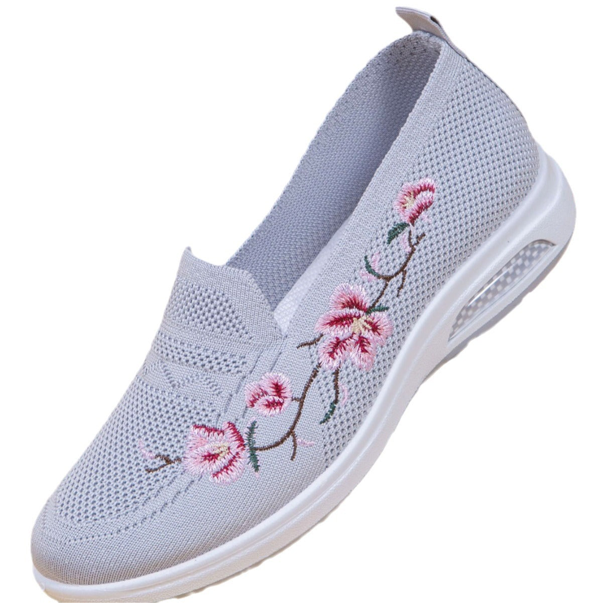 Sporty Sneakers For Women, Floral Embroidered Slip On Rocking Shoes