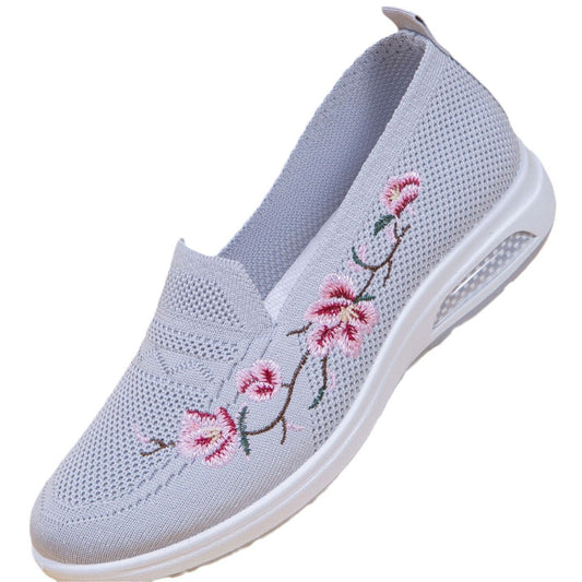 Sporty Sneakers For Women, Floral Embroidered Slip On Rocking Shoes