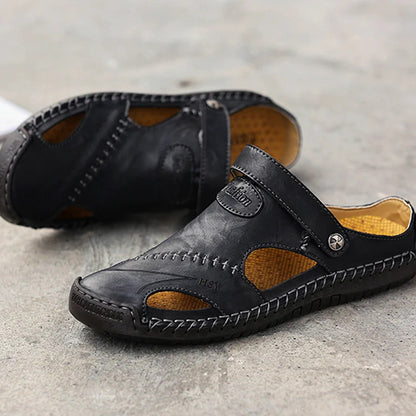 Men's Summer Hand Stitching Soft Outdoor Closed Toe Leather Beach Sandals Slippers