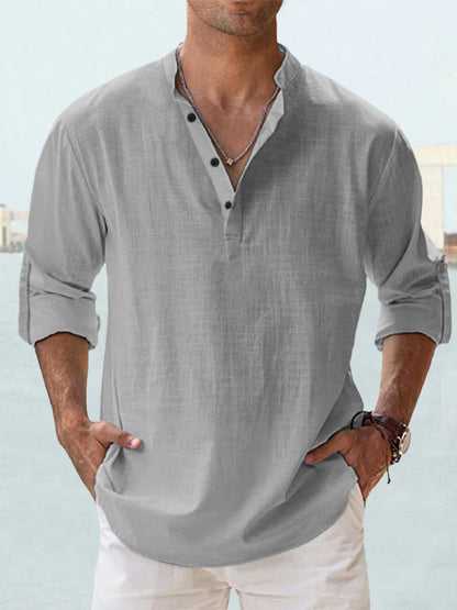 Men's Casual Cotton Long Sleeve T-Shirt with Stand-Up Collar