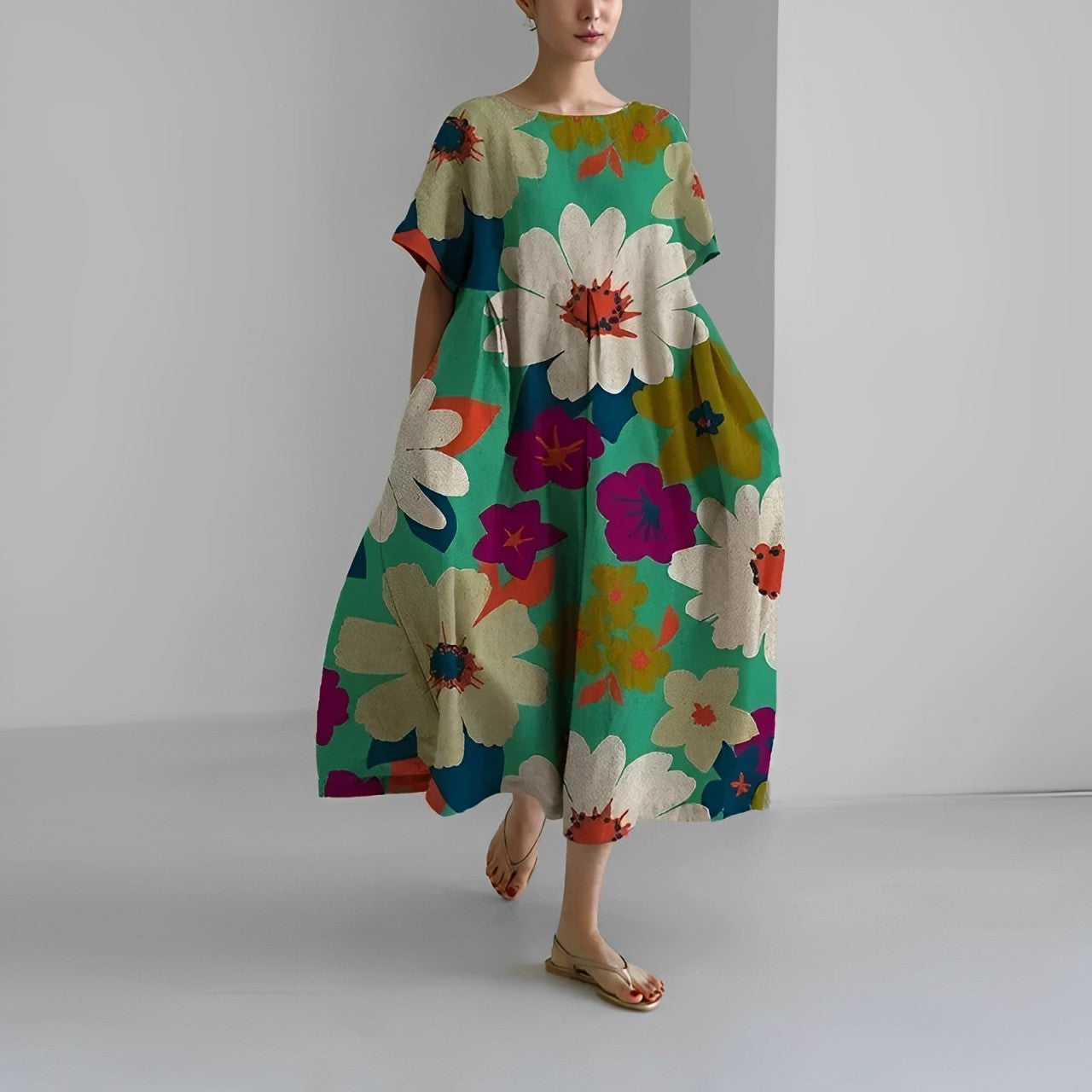 Elegant Garden Print Long Sundress for Ladies