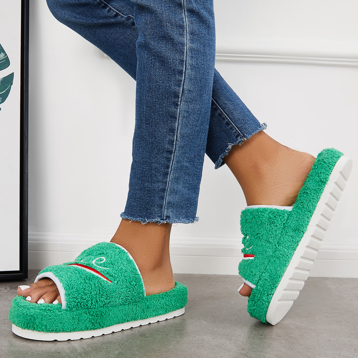 Warm Open Toe Flat Furry Slippers Cozy Slide Shoes