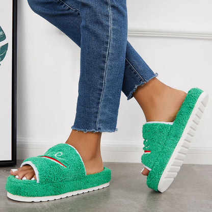 Warm Open Toe Flat Furry Slippers Cozy Slide Shoes