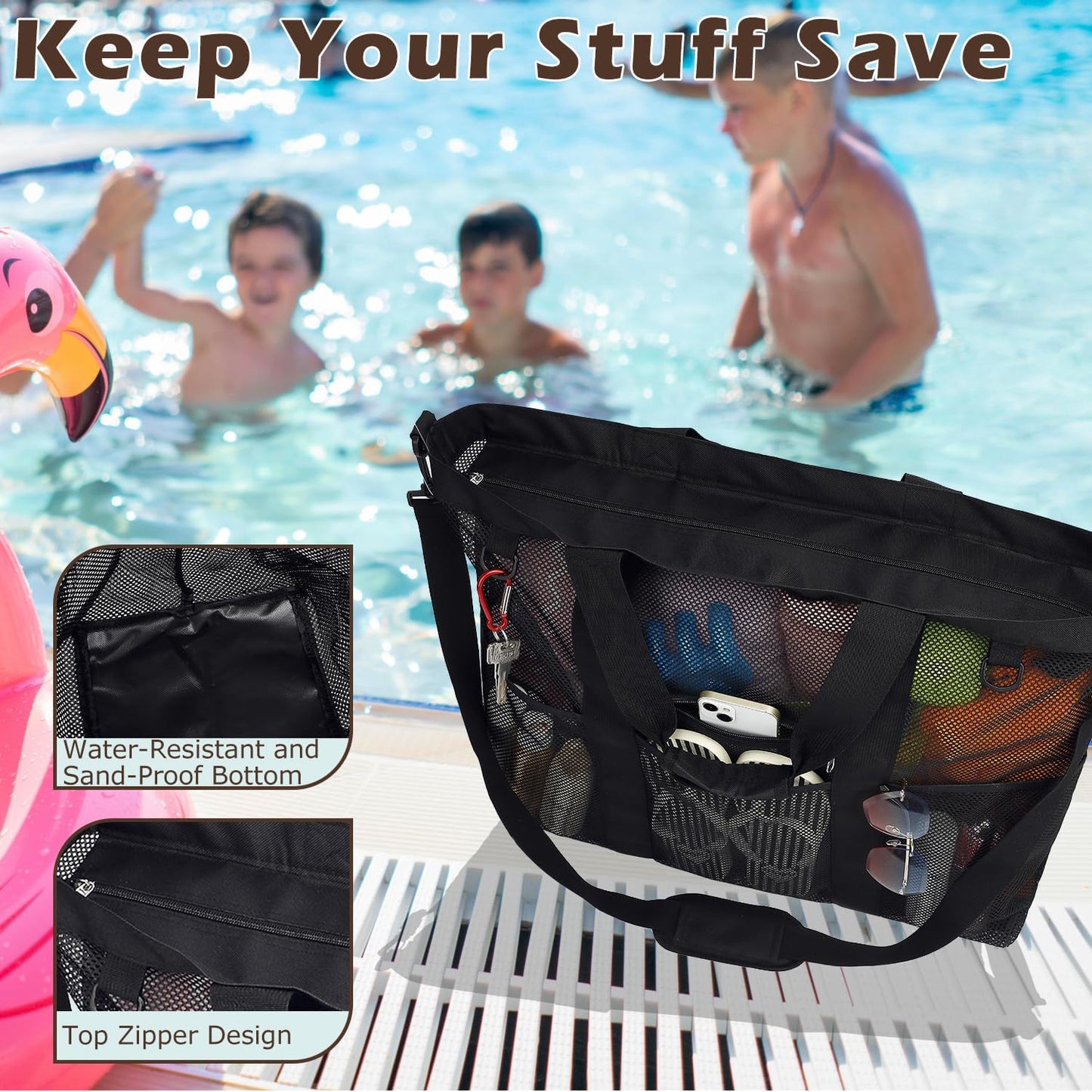 Big Clearance Mesh Beach Bag with 8 Compartments