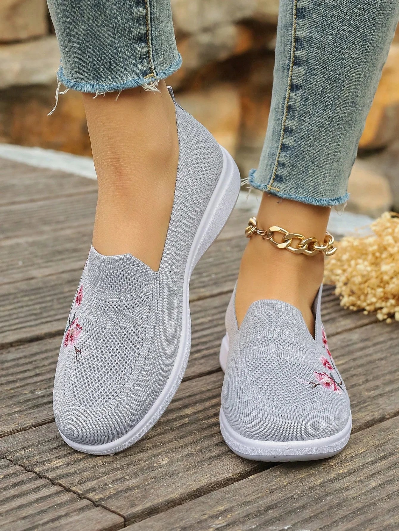 Sporty Sneakers For Women, Floral Embroidered Slip On Rocking Shoes