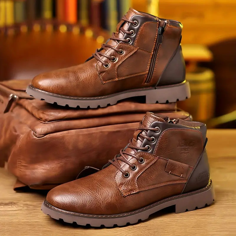 Men's Lace up Zippered Leather Boots