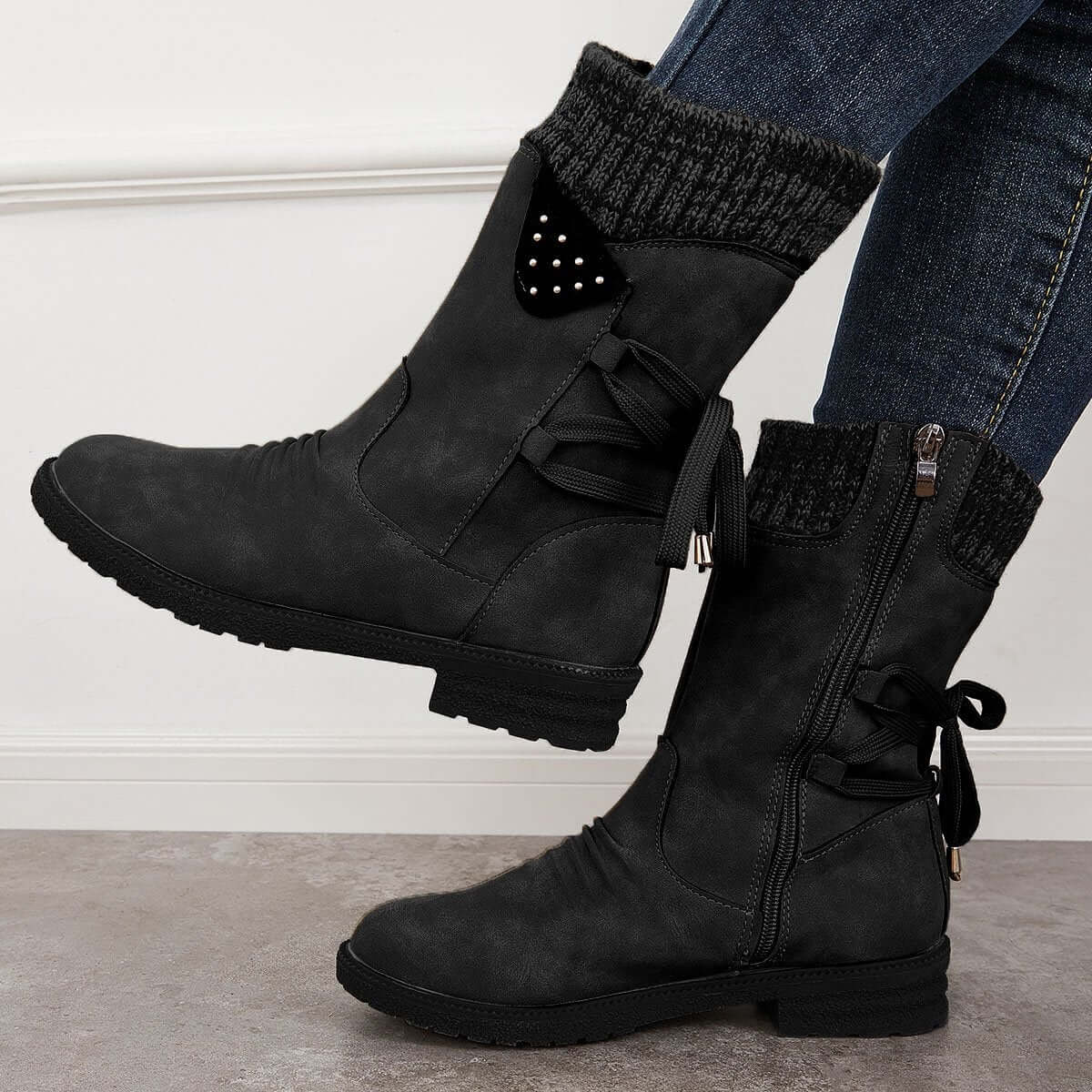 Waterproof Suede Block Heel Ankle Boots Side Zipper Booties