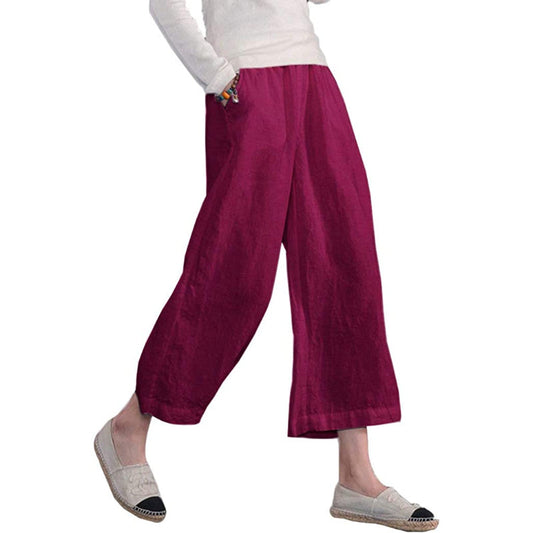 Women Loose Cotton Capris Cropped Wide Leg Pants