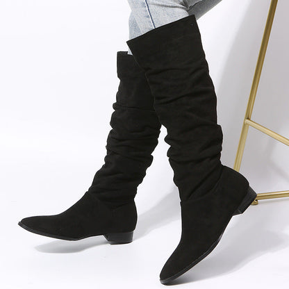 Women's Knee High Boots with Pointed Toe and Flat Sole