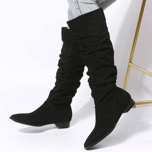 Women's Knee High Boots with Pointed Toe and Flat Sole
