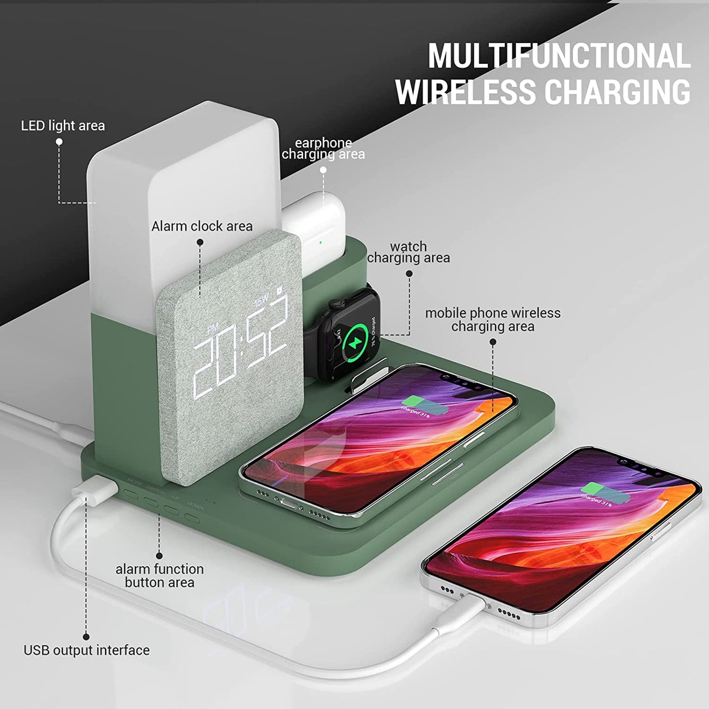4 In 1 Fast Wireless Charger Station & Lamp With Alarm Clock