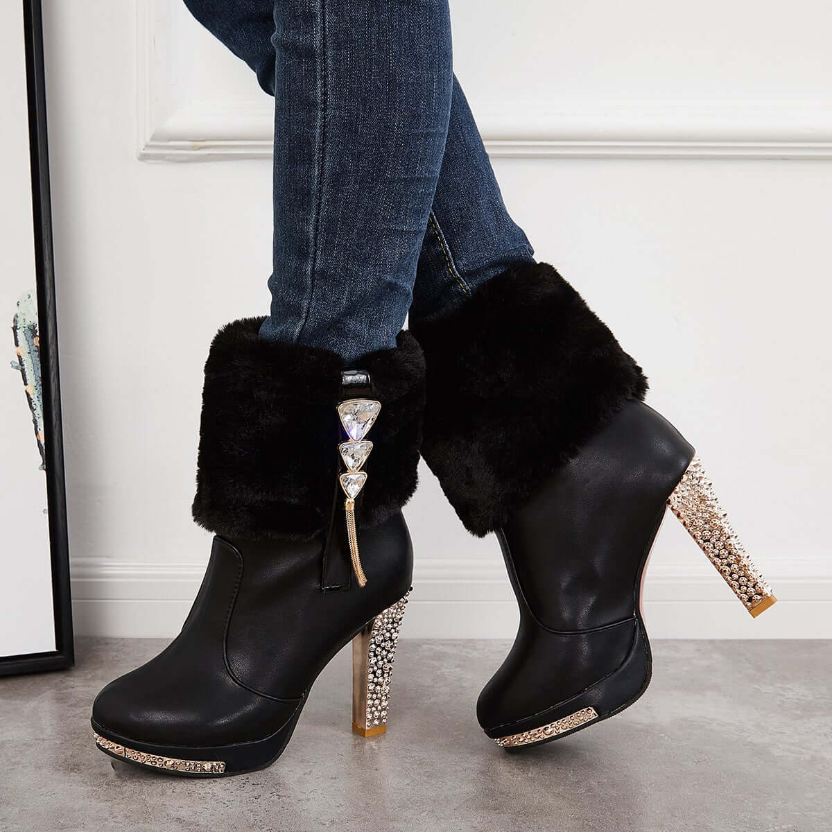 Rhinestone Faux Fur Lined Ankle Boots Chunky High Heel Booties